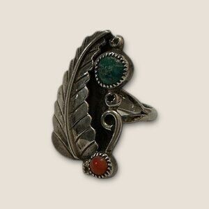 Vintage Western Sterling Silver Ring  Turquoise & Coral Stones Feather Design